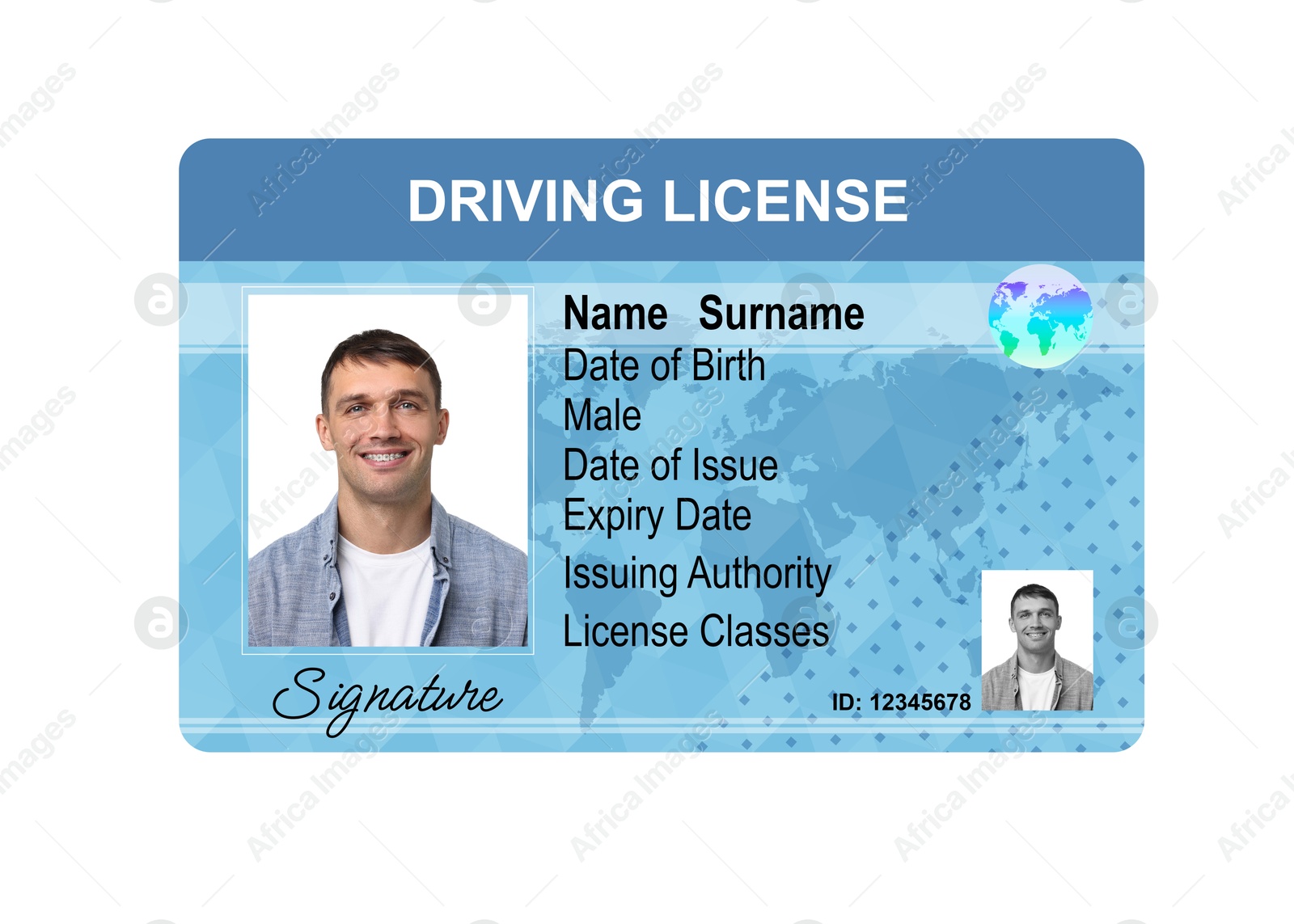 Image of Driver's license with photo of man and world map illustration isolated on white