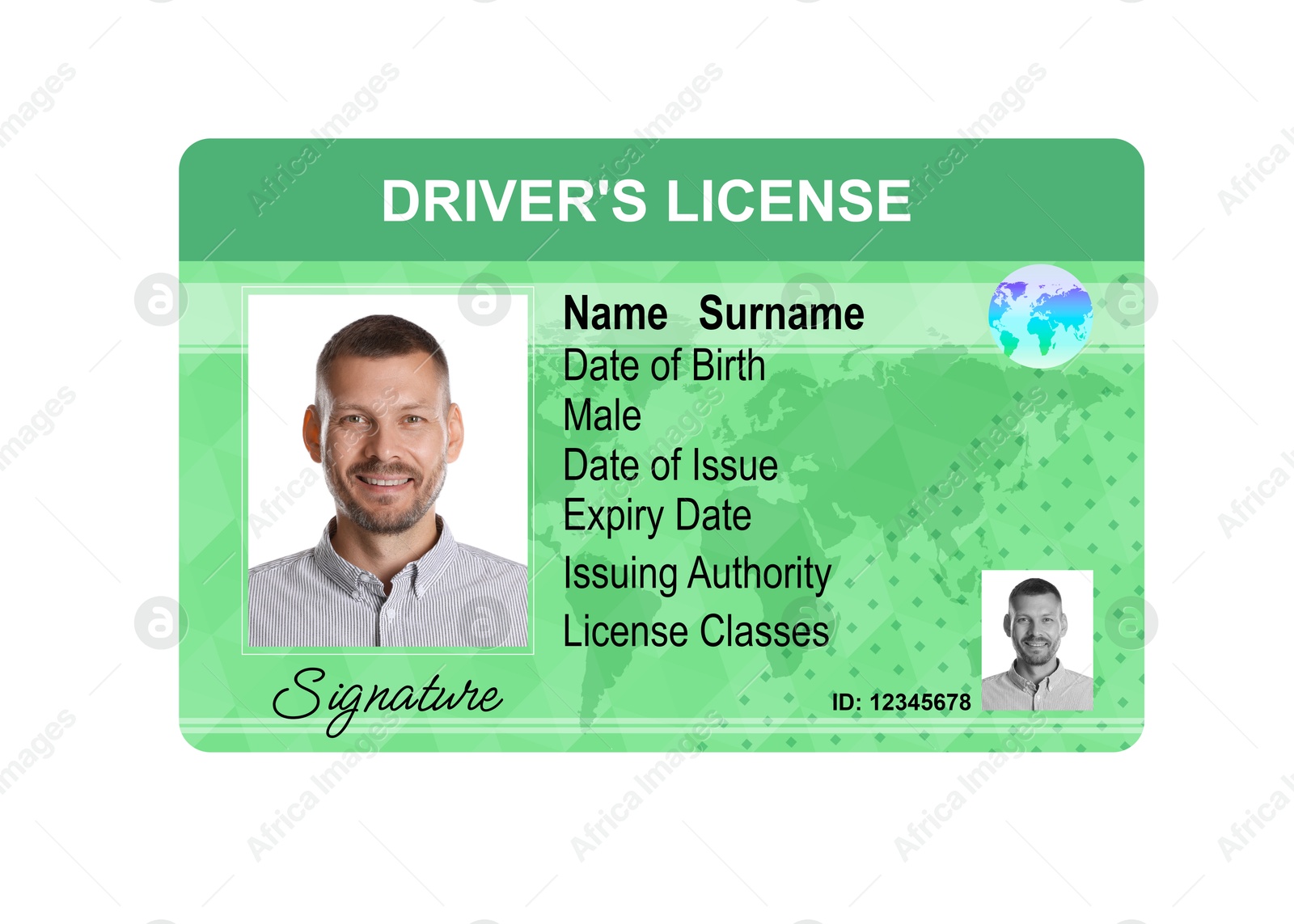 Image of Driver's license with photo of man and world map illustration isolated on white