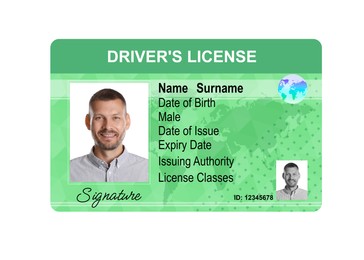 Image of Driver's license with photo of man and world map illustration isolated on white