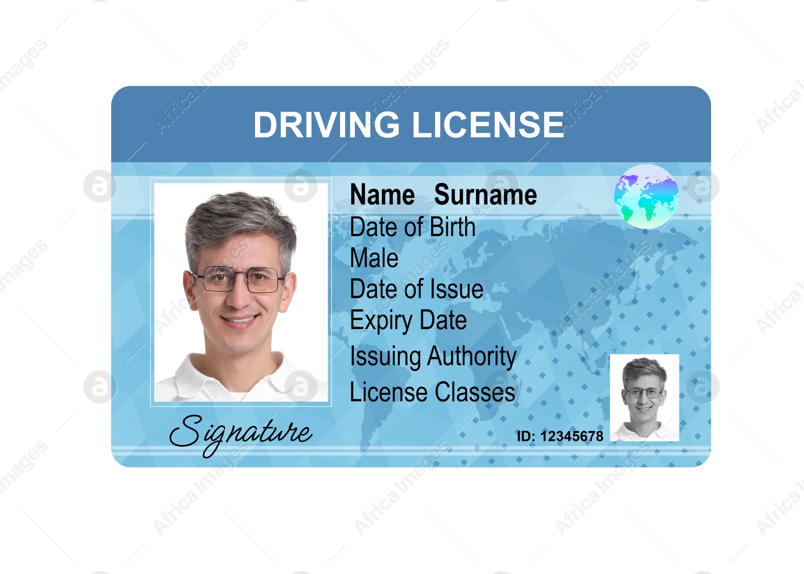 Image of Driver's license with photo of man and world map illustration isolated on white