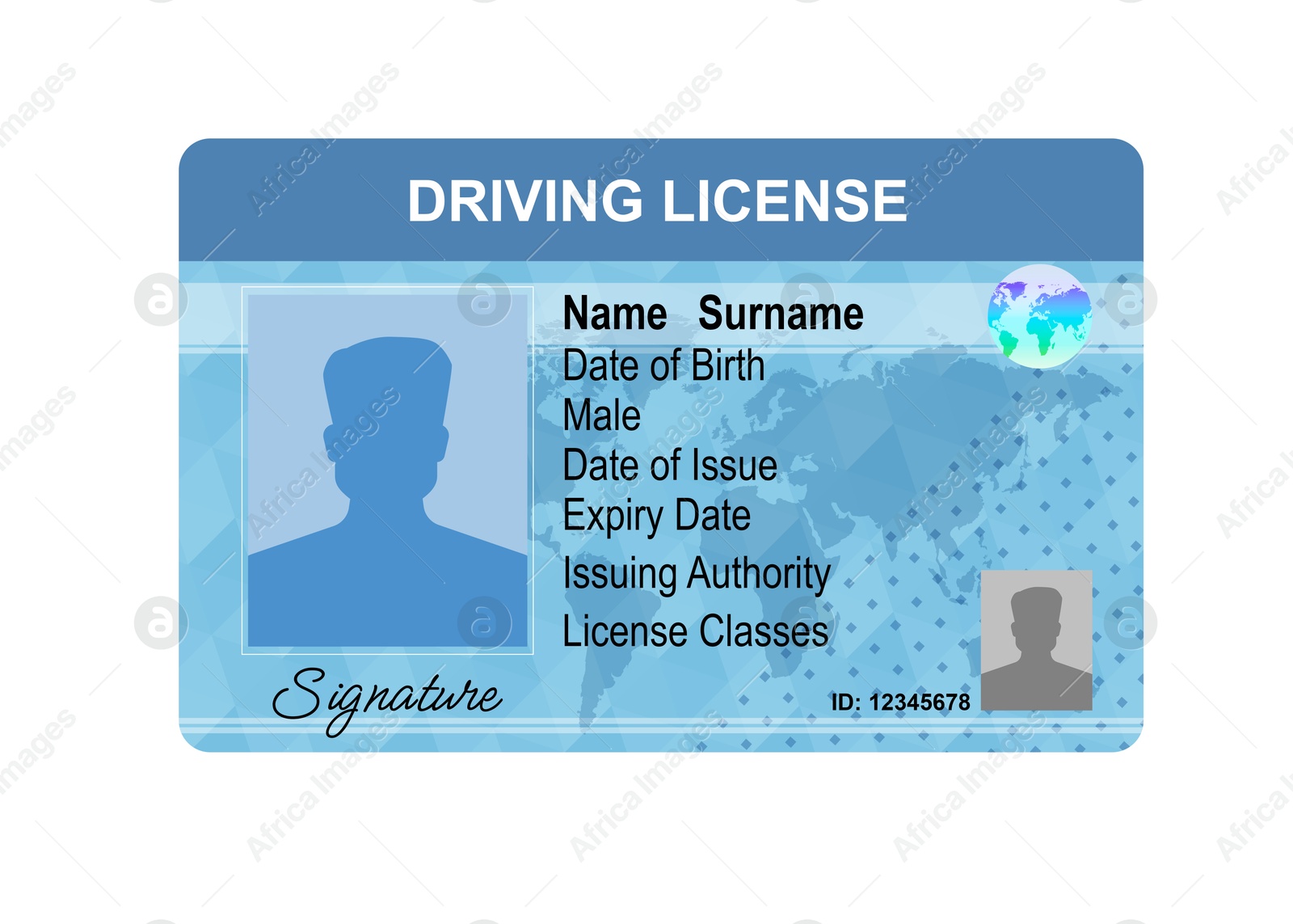 Image of Driver's license with male silhouette and illustration of world map isolated on white