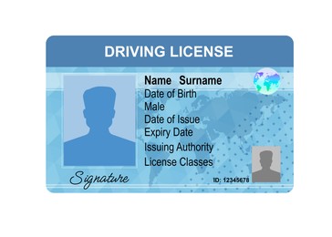 Image of Driver's license with male silhouette and illustration of world map isolated on white