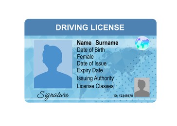 Image of Driver's license with female silhouette and illustration of world map isolated on white