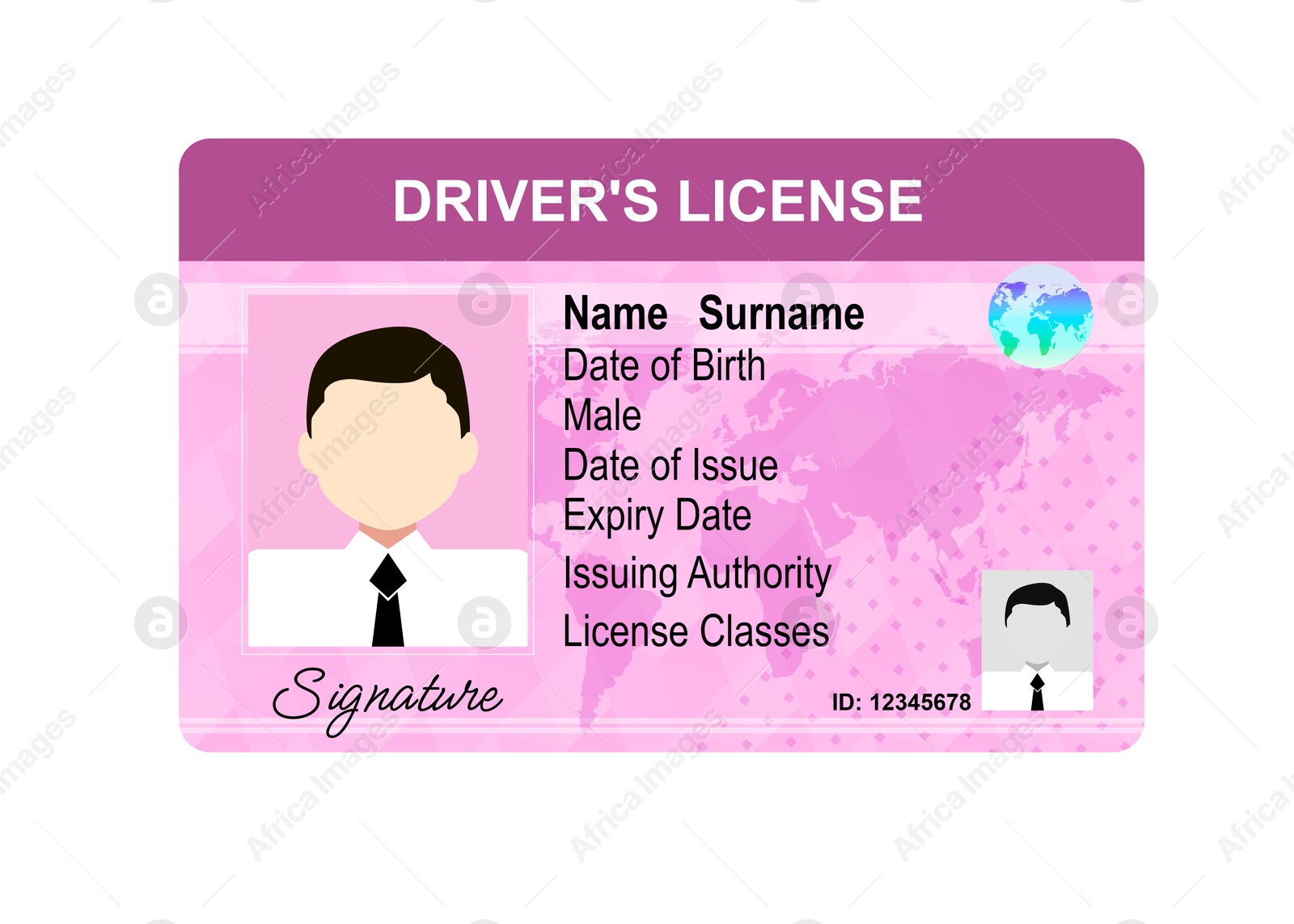 Image of Driver's license with male silhouette and illustration of world map isolated on white