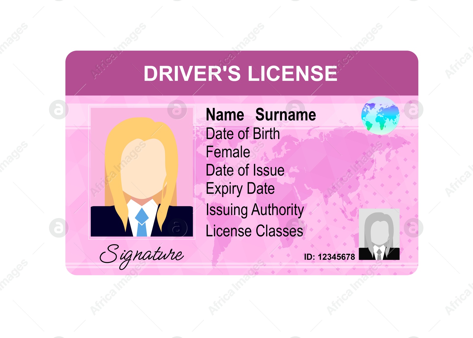 Image of Driver's license with female silhouette and illustration of world map isolated on white