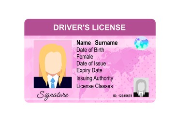 Image of Driver's license with female silhouette and illustration of world map isolated on white