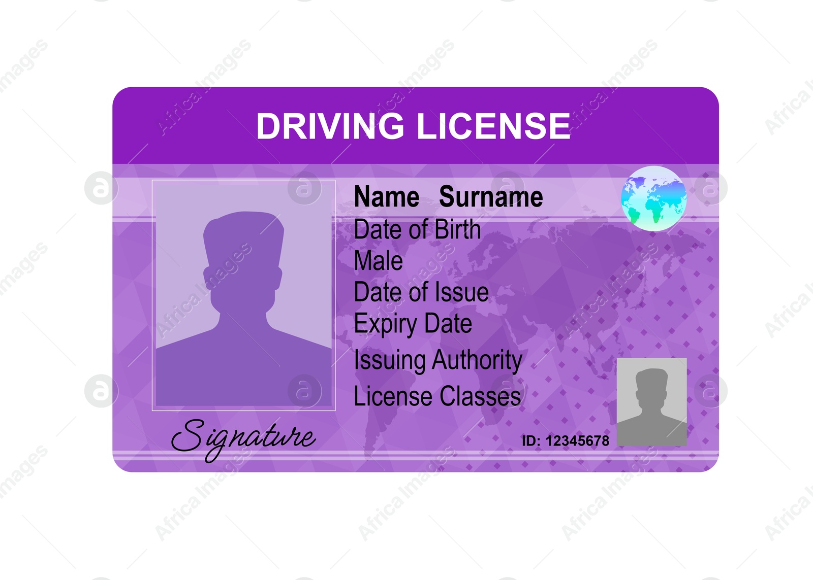 Image of Driver's license with male silhouette and illustration of world map isolated on white