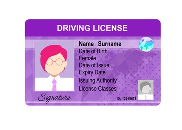 Image of Driver's license with female silhouette and illustration of world map isolated on white