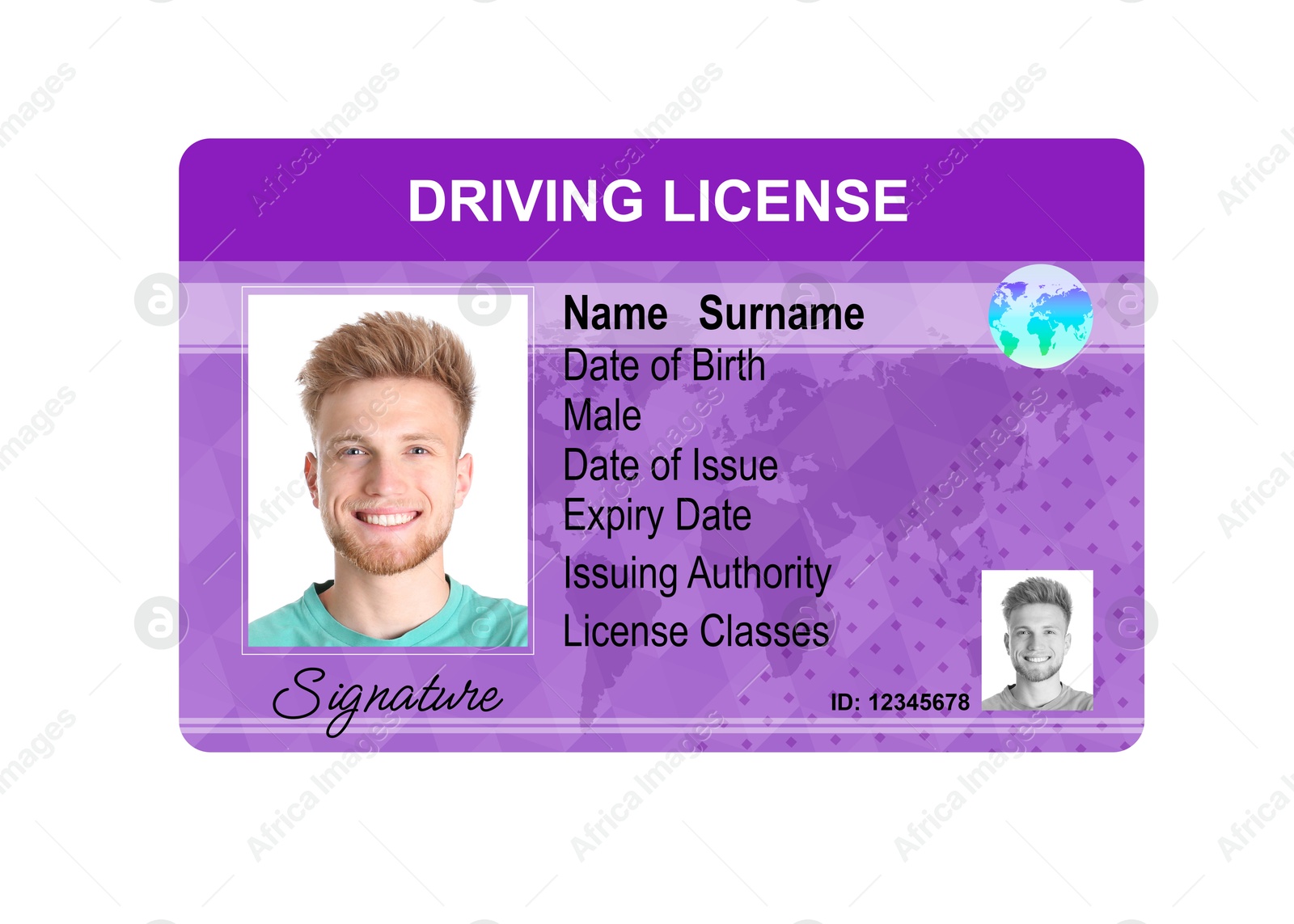 Image of Driver's license with photo of man and world map illustration isolated on white