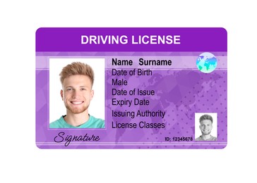 Image of Driver's license with photo of man and world map illustration isolated on white