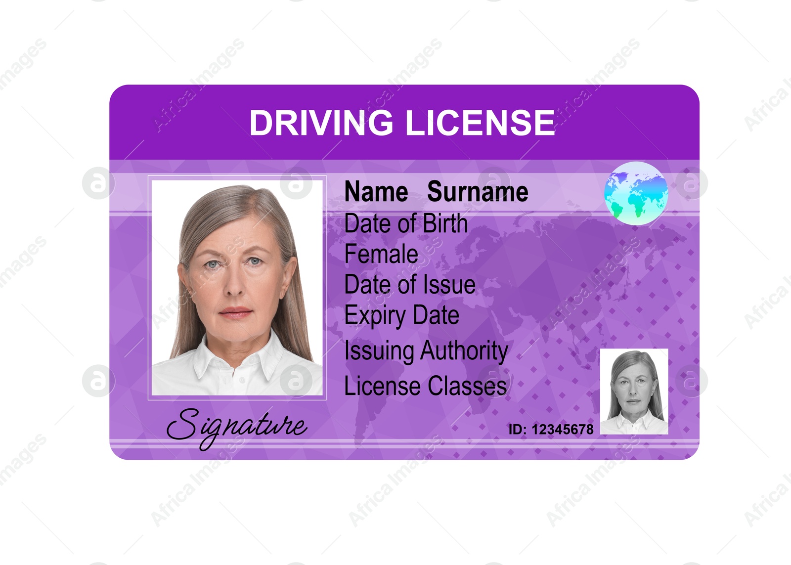 Image of Driver's license with photo of woman and world map illustration isolated on white