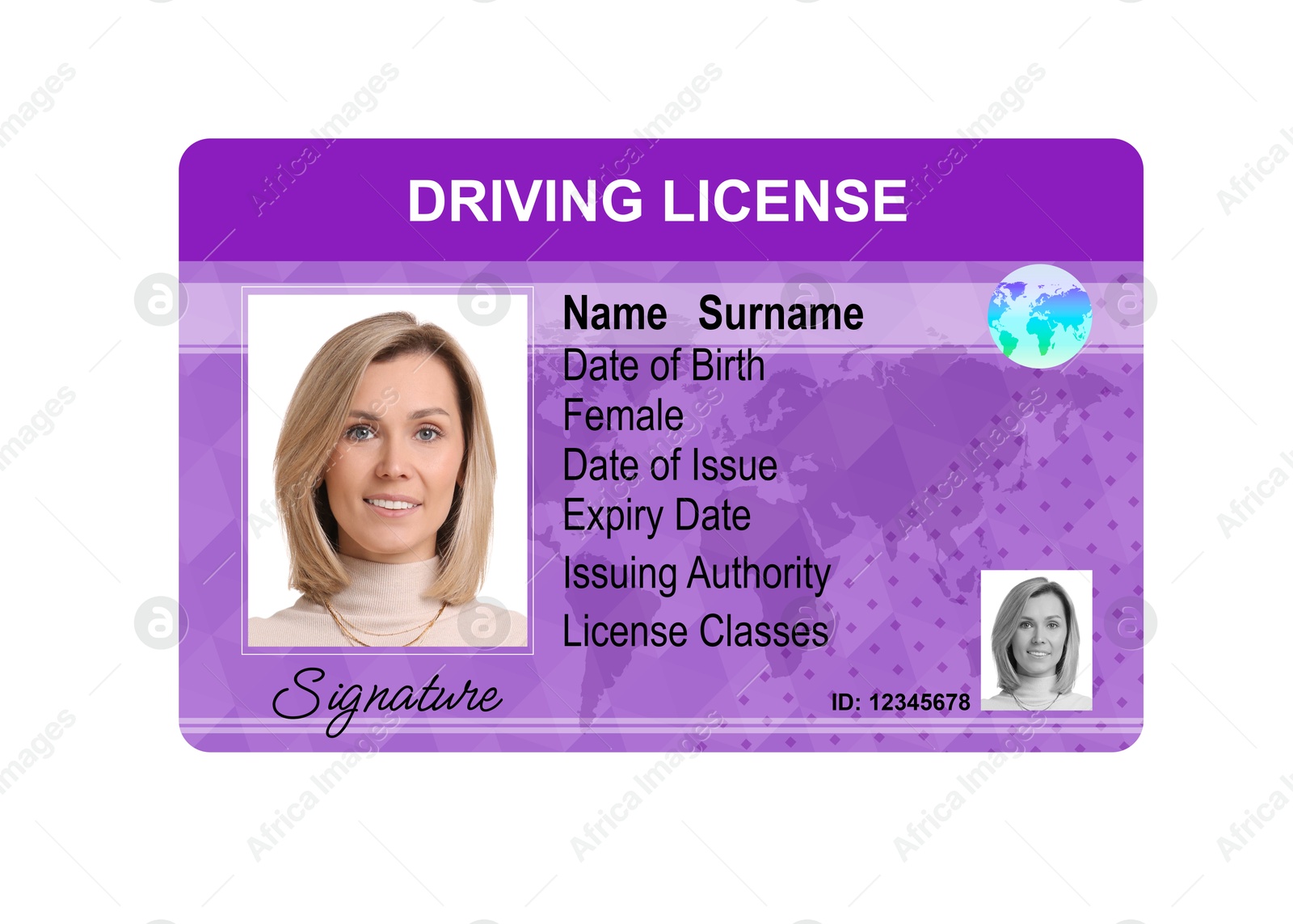 Image of Driver's license with photo of woman and world map illustration isolated on white