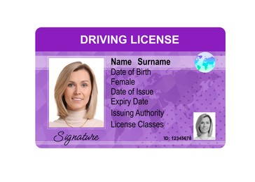 Image of Driver's license with photo of woman and world map illustration isolated on white