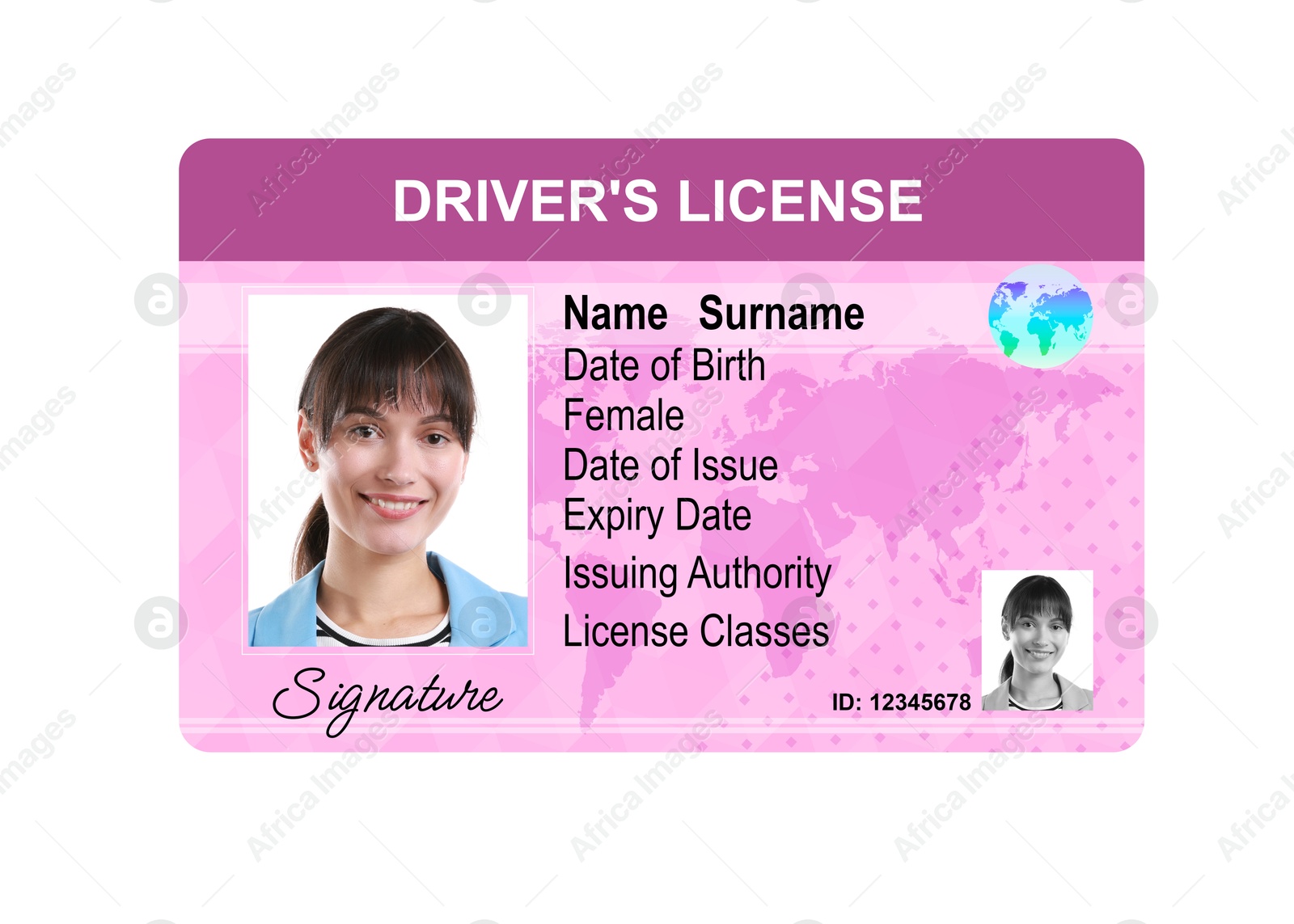 Image of Driver's license with photo of woman and world map illustration isolated on white