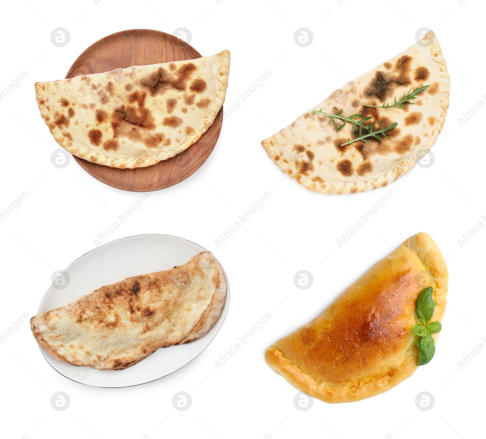 Image of Delicious calzones isolated on white, set. Top view