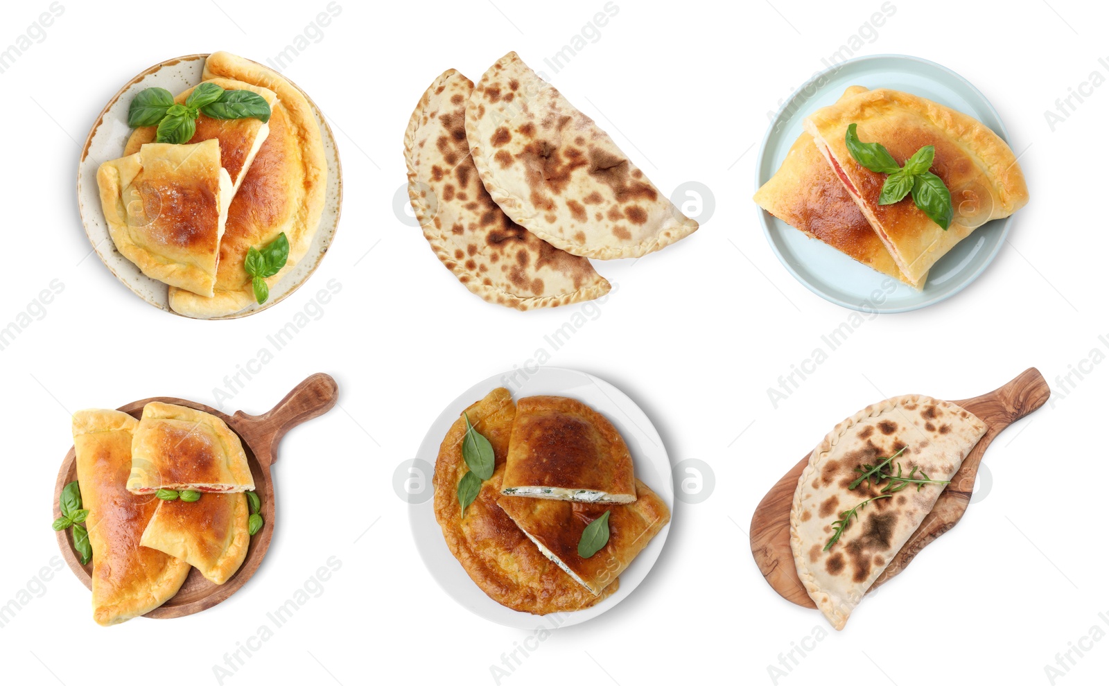 Image of Delicious calzones isolated on white, set. Top view