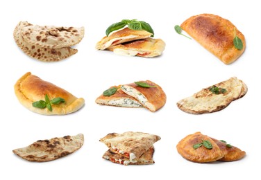 Image of Different delicious calzones isolated on white, set