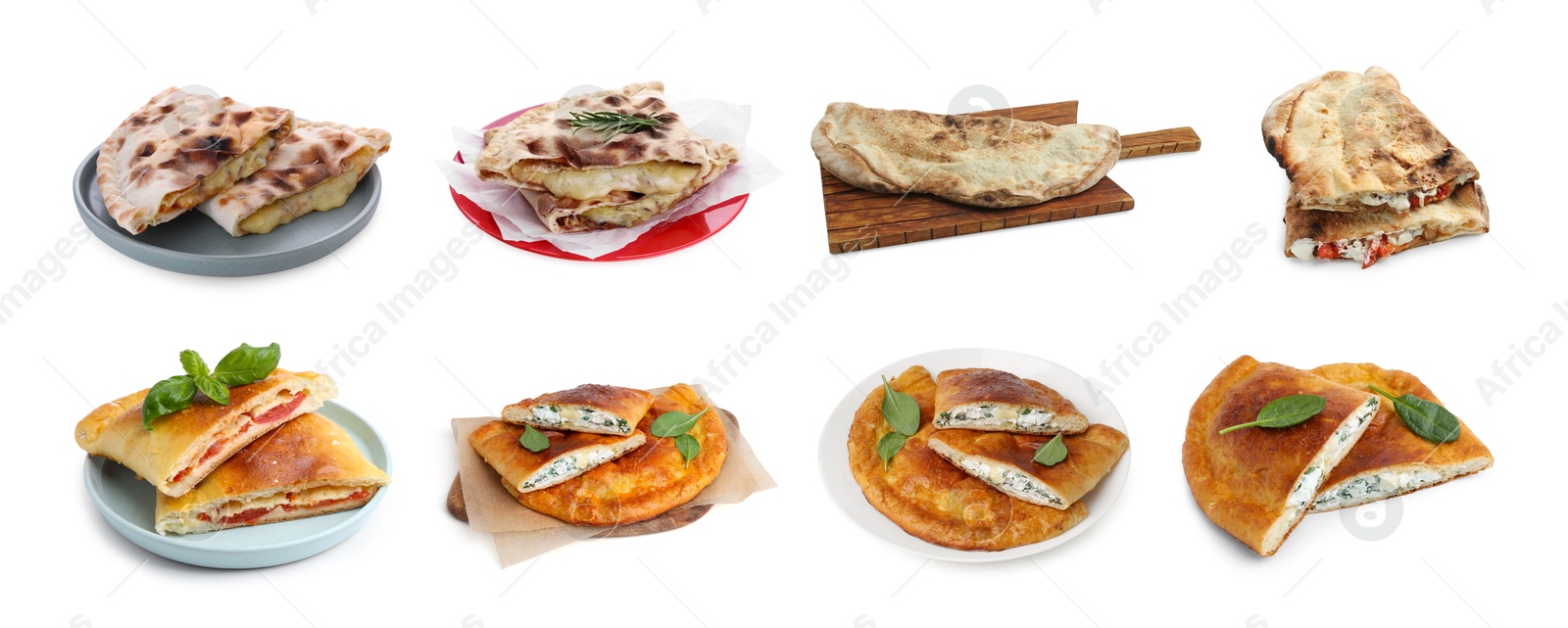 Image of Different delicious calzones isolated on white, set