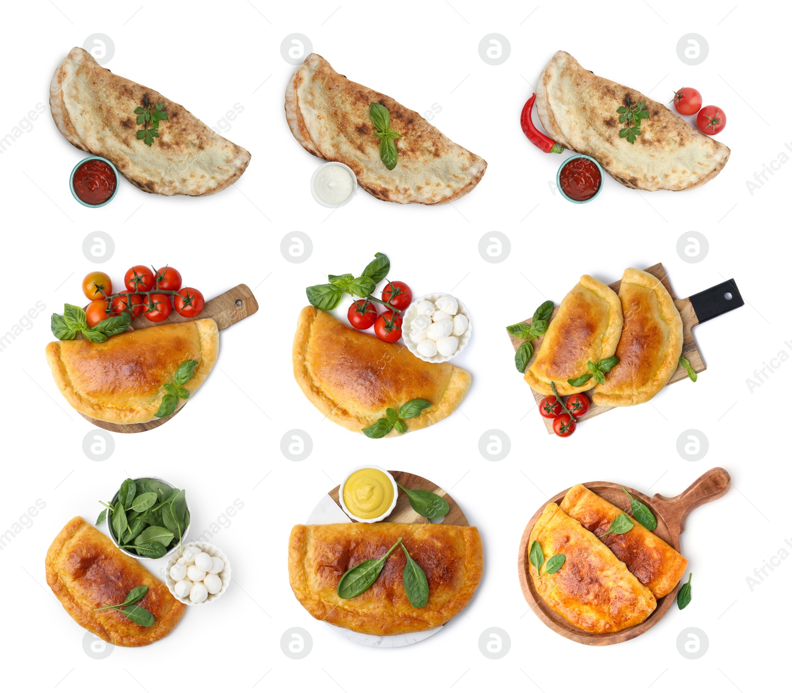 Image of Delicious calzones isolated on white, set. Top view