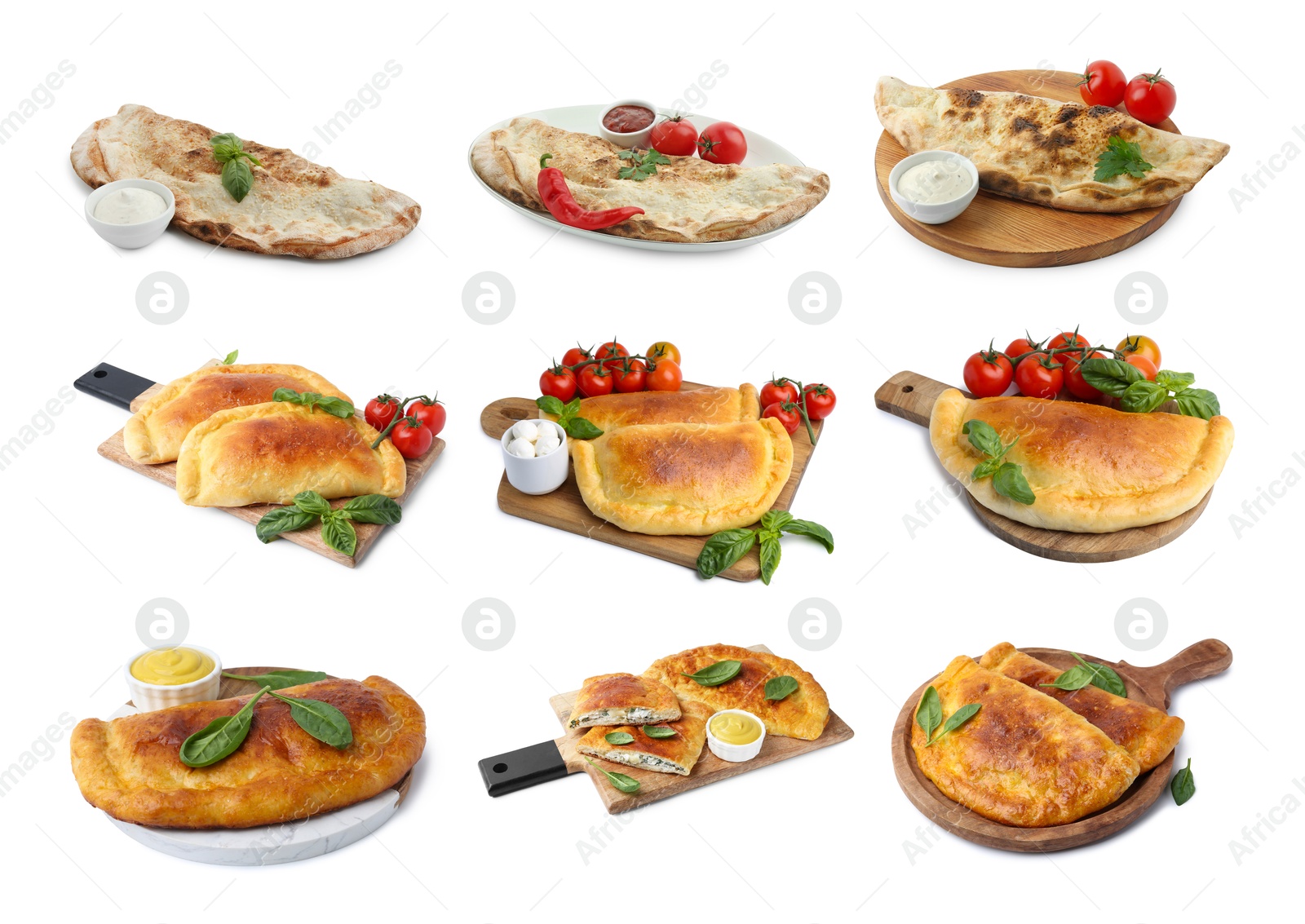 Image of Different delicious calzones isolated on white, set