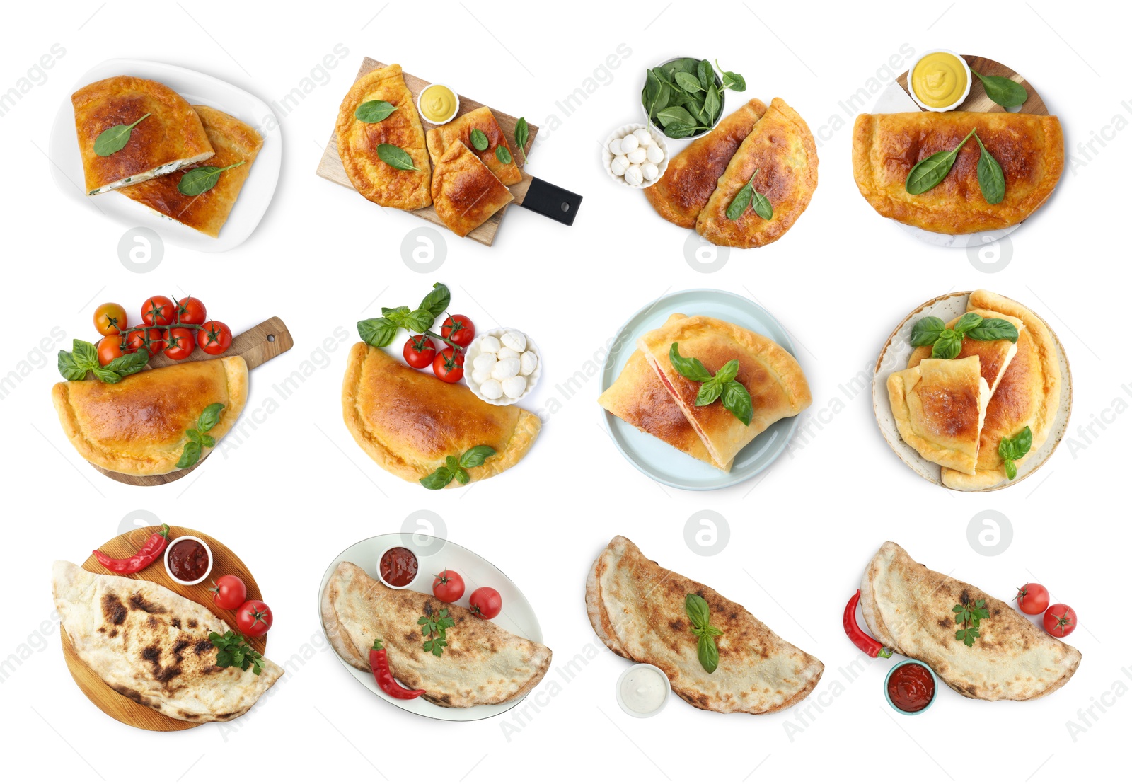 Image of Delicious calzones isolated on white, set. Top view