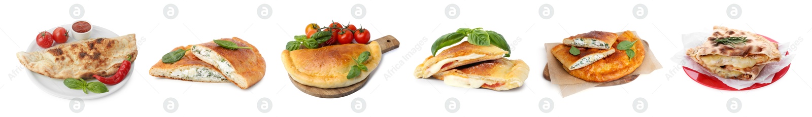 Image of Different delicious calzones isolated on white, set