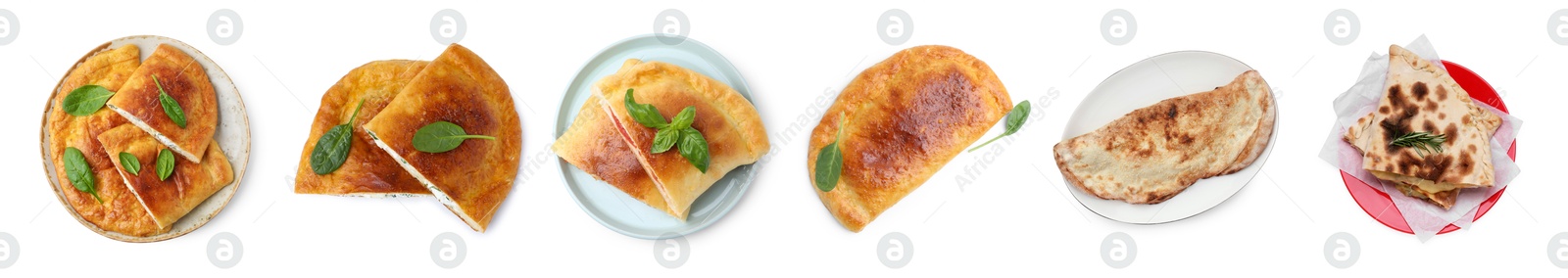 Image of Delicious calzones isolated on white, set. Top view