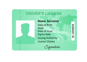 Image of Driver's license with male silhouette and illustration of world map isolated on white