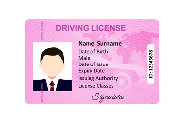 Image of Driver's license with male silhouette and illustration of world map isolated on white