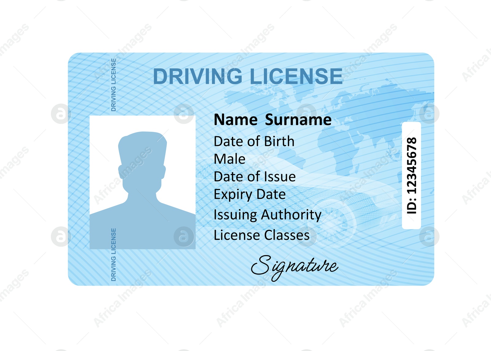 Image of Driver's license with male silhouette and illustration of world map isolated on white