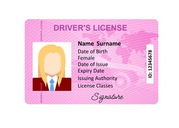 Image of Driver's license with female silhouette and illustration of world map isolated on white