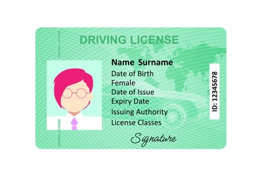 Image of Driver's license with female silhouette and illustration of world map isolated on white