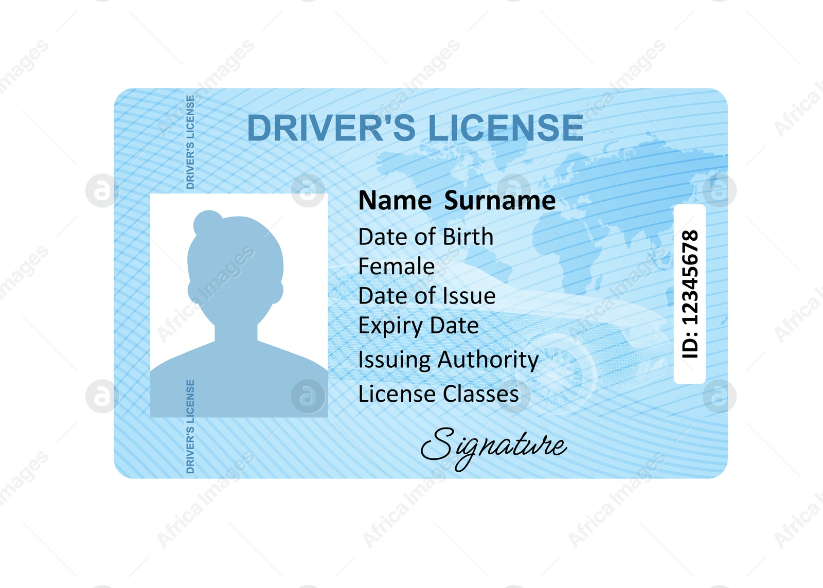 Image of Driver's license with female silhouette and illustration of world map isolated on white