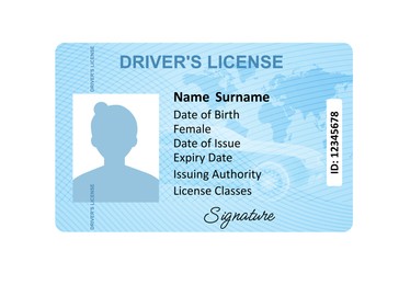 Image of Driver's license with female silhouette and illustration of world map isolated on white