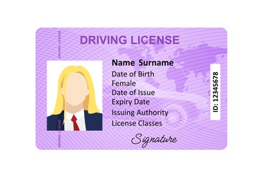 Image of Driver's license with female silhouette and illustration of world map isolated on white