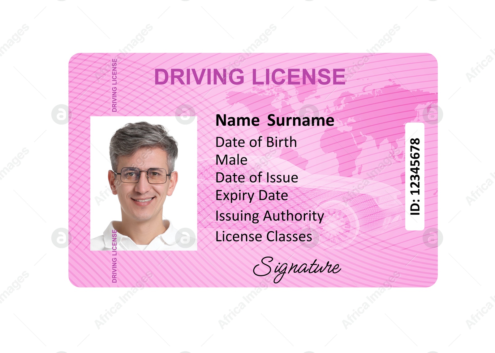 Image of Driver's license with photo of man and world map illustration isolated on white