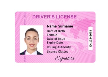 Image of Driver's license with photo of woman and world map illustration isolated on white