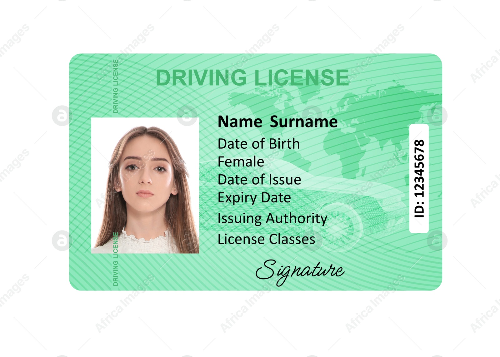 Image of Driver's license with photo of woman and world map illustration isolated on white