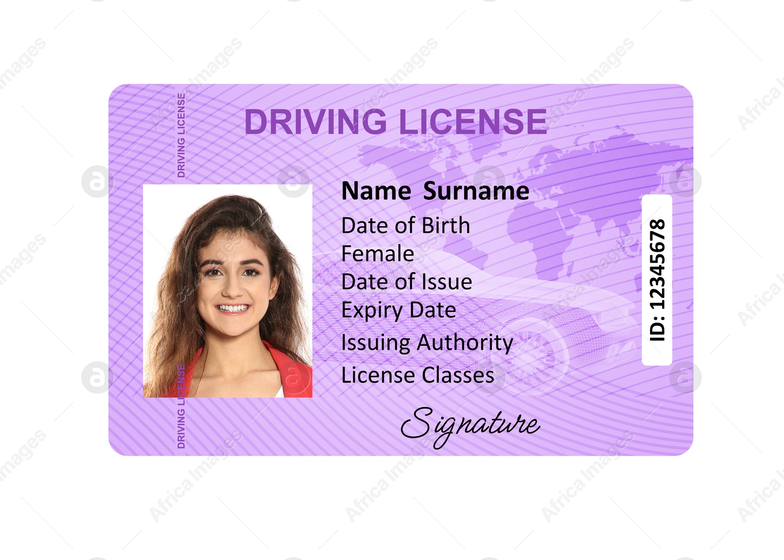 Image of Driver's license with photo of woman and world map illustration isolated on white