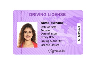 Image of Driver's license with photo of woman and world map illustration isolated on white