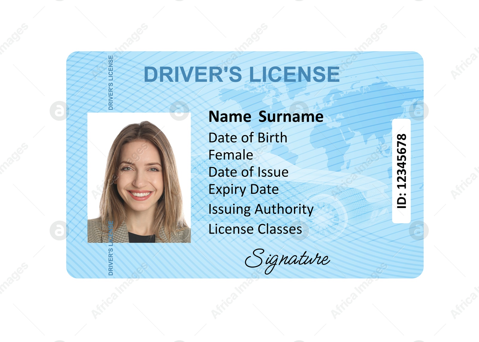 Image of Driver's license with photo of woman and world map illustration isolated on white