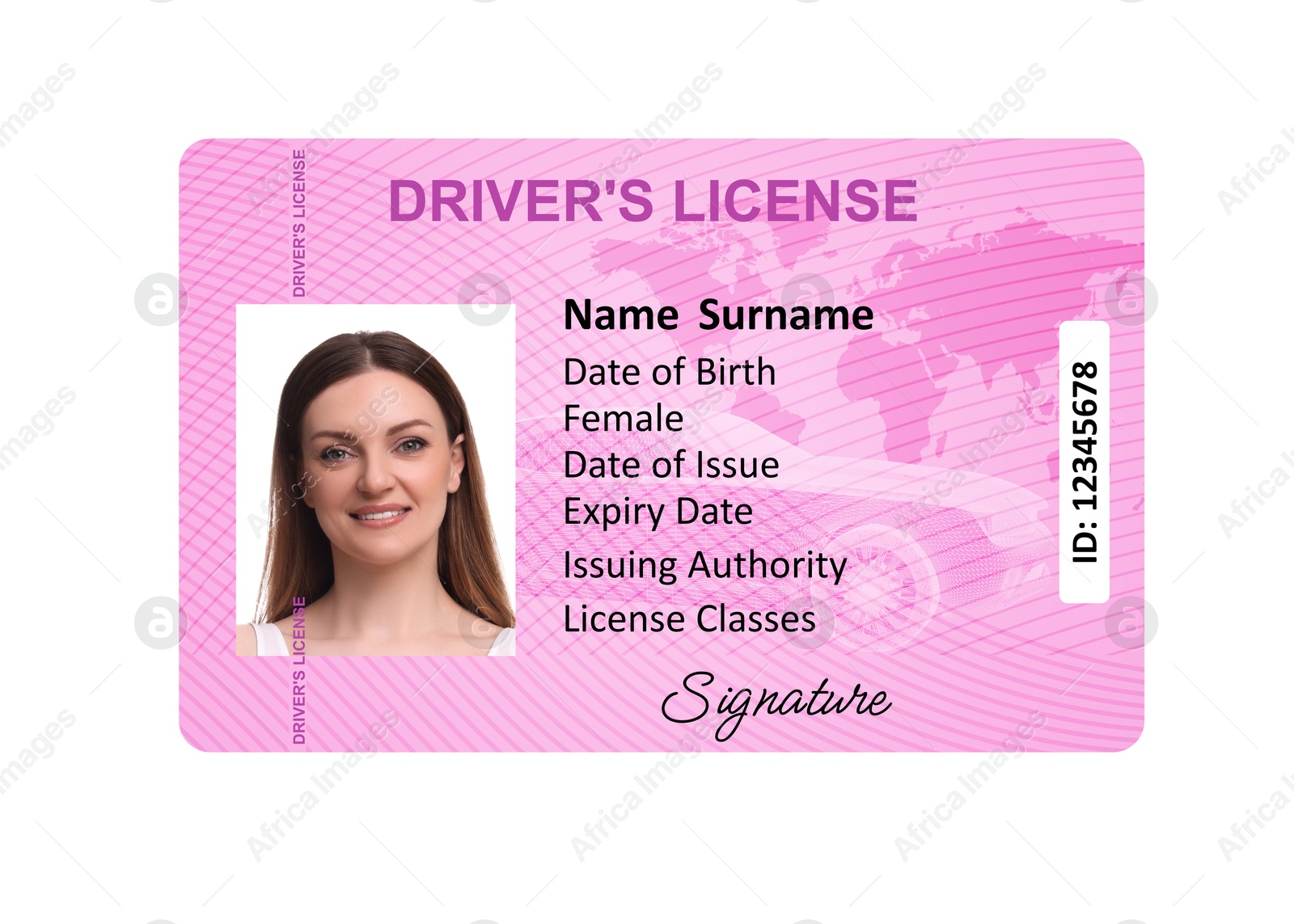 Image of Driver's license with photo of woman and world map illustration isolated on white