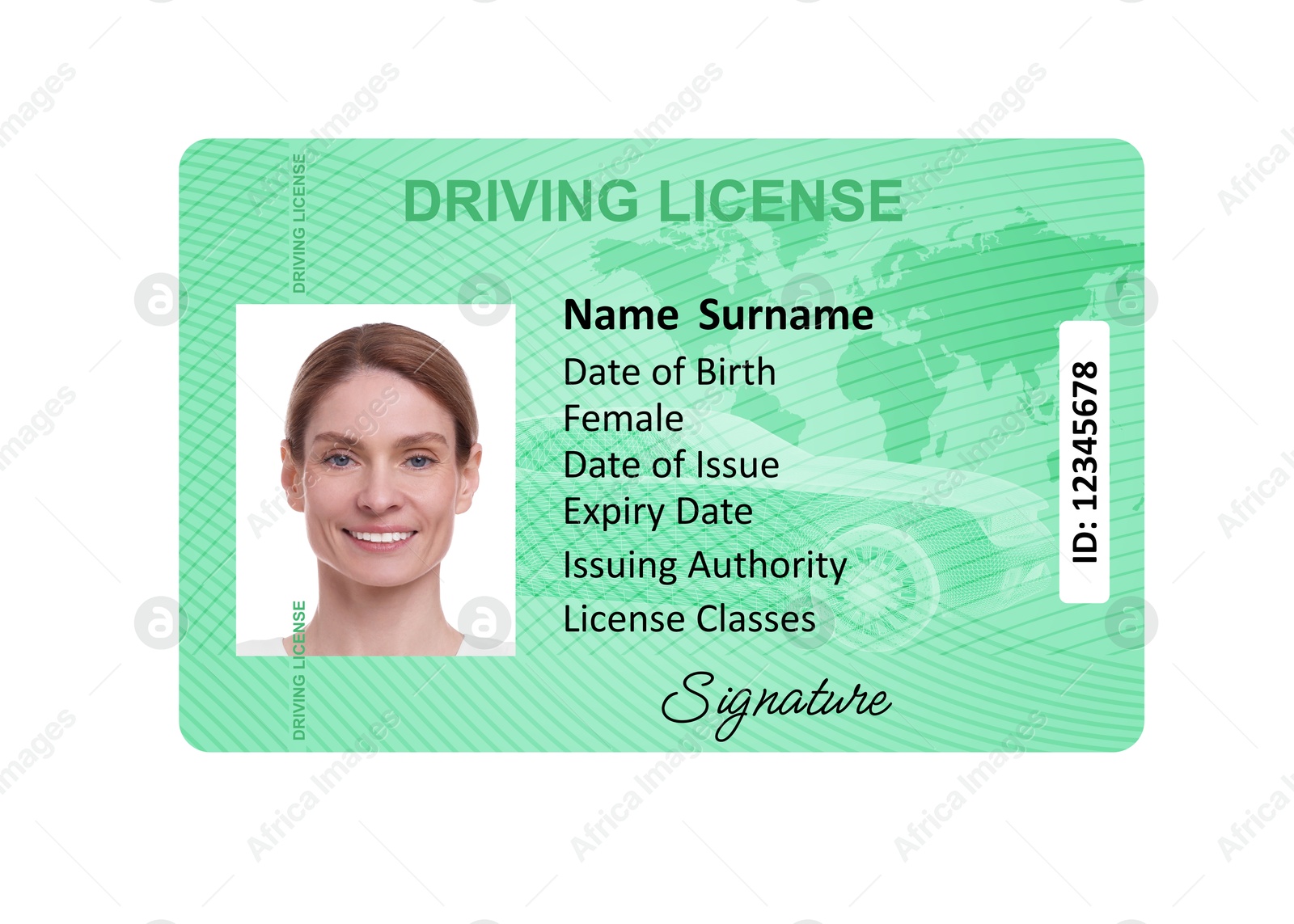 Image of Driver's license with photo of woman and world map illustration isolated on white