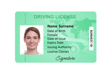 Image of Driver's license with photo of woman and world map illustration isolated on white