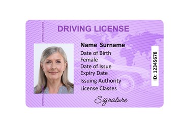 Image of Driver's license with photo of woman and world map illustration isolated on white