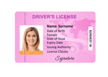 Image of Driver's license with photo of woman and world map illustration isolated on white