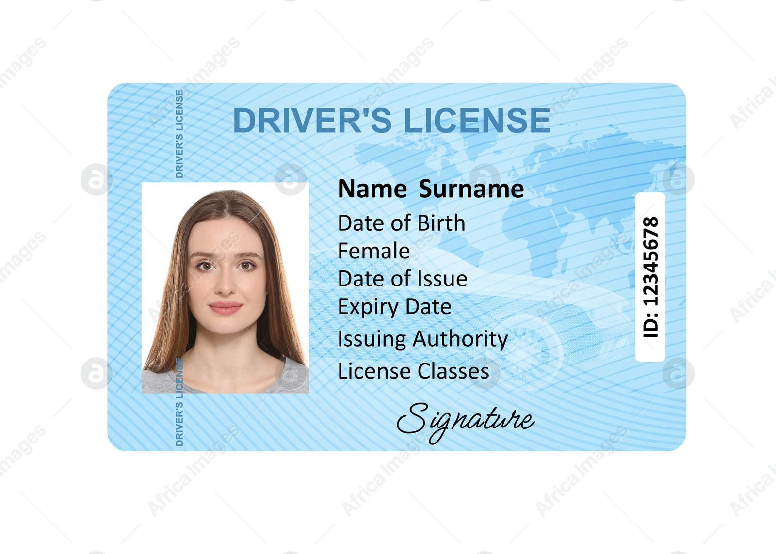 Image of Driver's license with photo of woman and world map illustration isolated on white