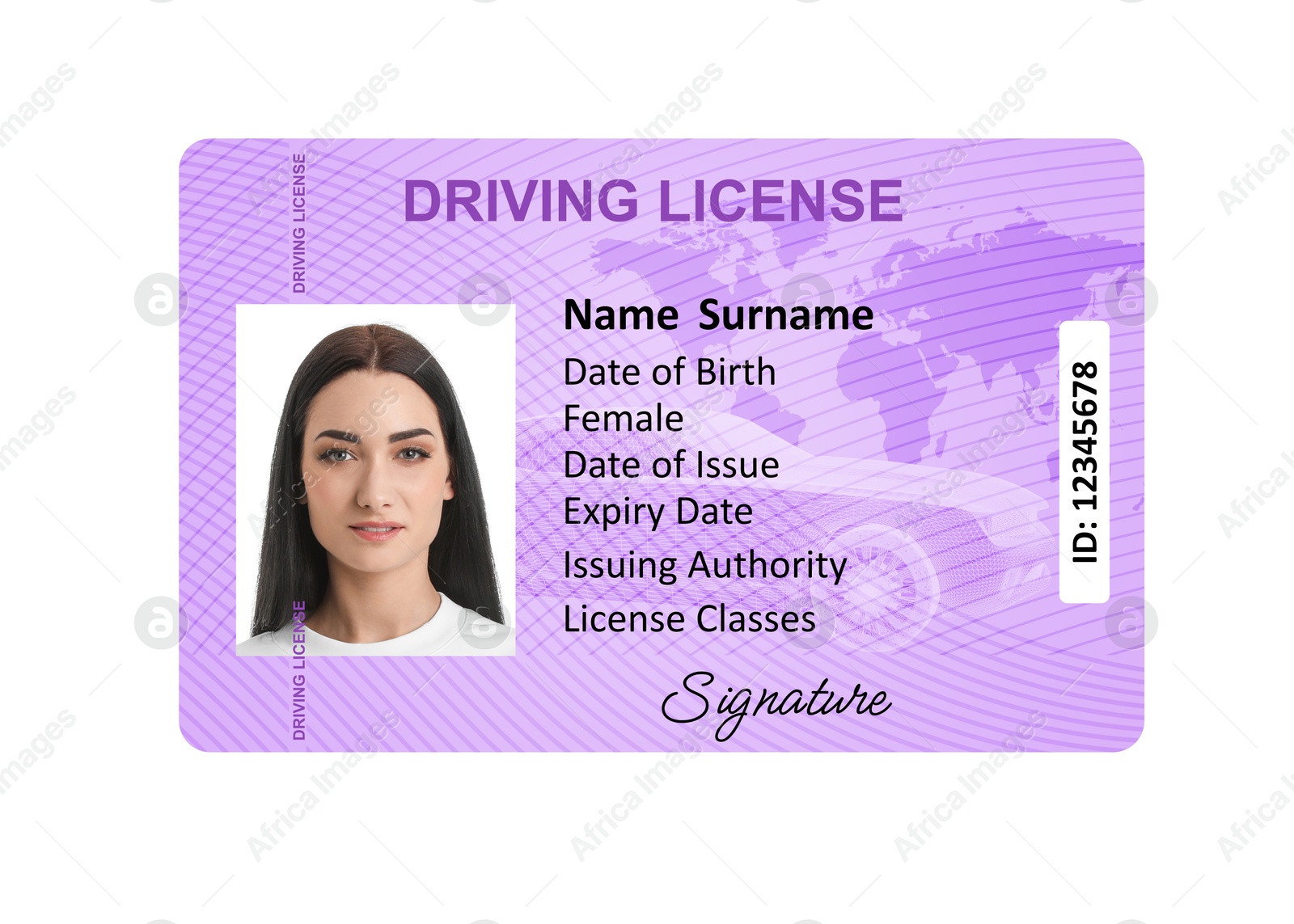 Image of Driver's license with photo of woman and world map illustration isolated on white