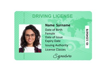 Image of Driver's license with photo of woman and world map illustration isolated on white