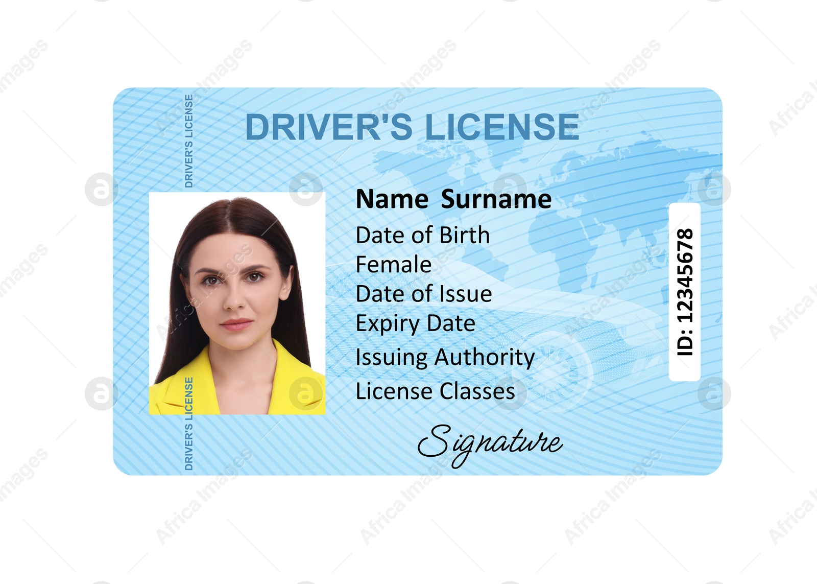 Image of Driver's license with photo of woman and world map illustration isolated on white